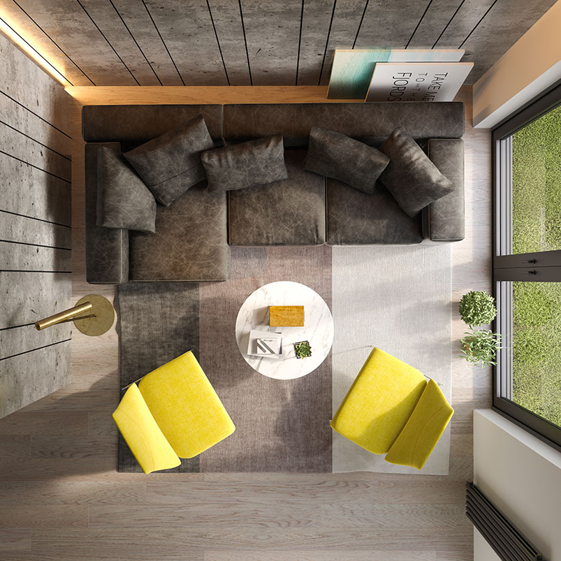 Overhead view of a quietly luxurious lounge